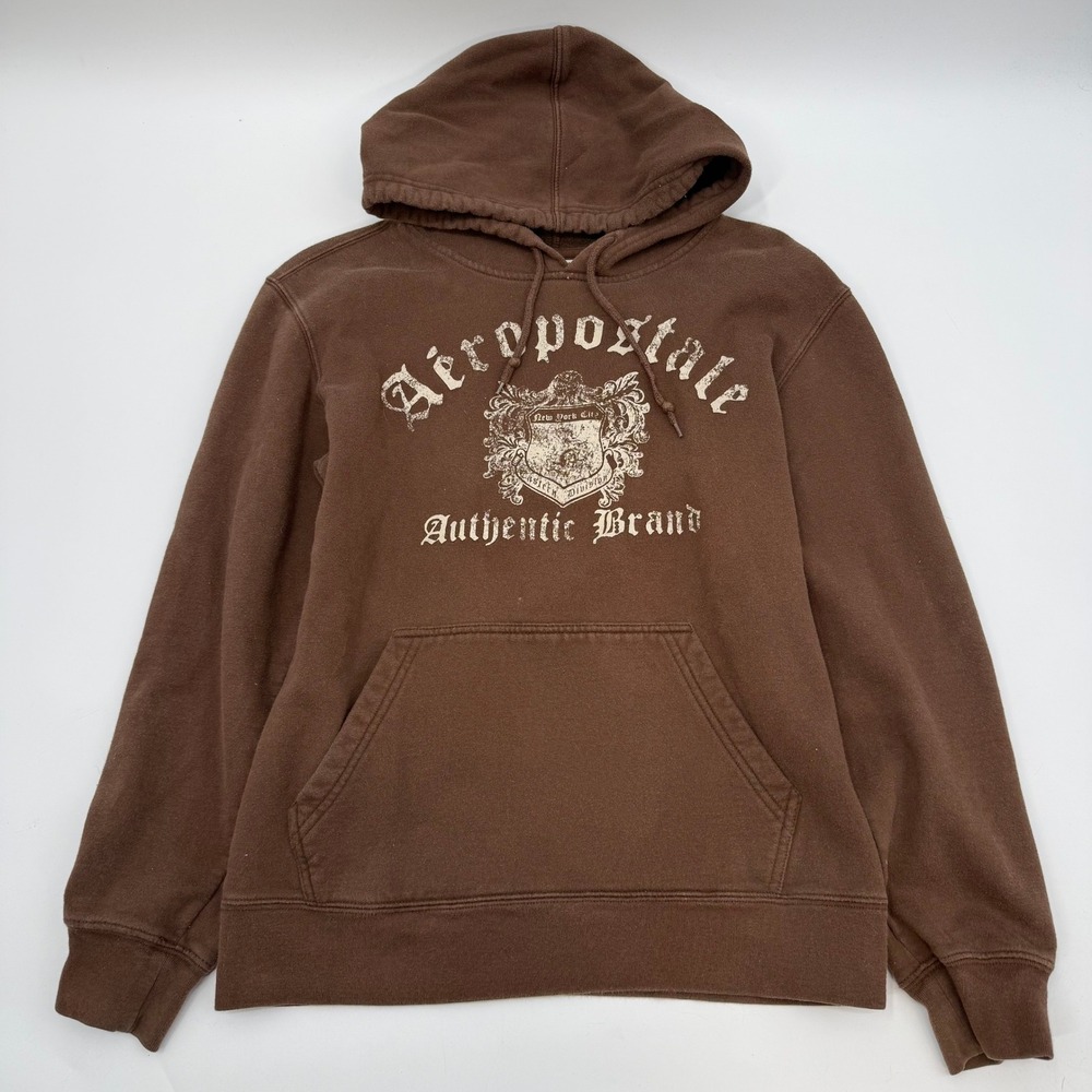 Aeropostale Womens Size Small Graphic Hoodie Sweatshirt Y2K Crest Logo Brown